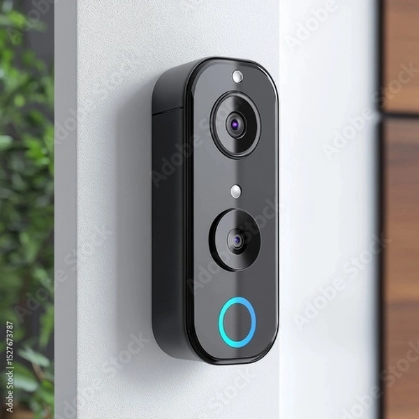 Fototapeta A black security camera with a blue light on the front