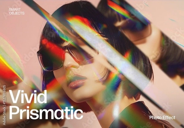 Fototapeta Prismatic Photo Effect Template with Trippy Rainbow Light Overlay & Broken Glass Mockup