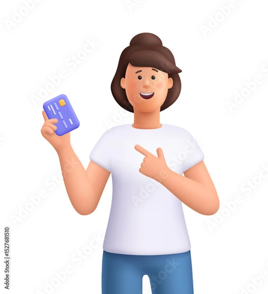 Obraz Young smiling woman Jane holding and pointing to credit debit card or digital payment card. Payment, banking and shopping concept. 3d vector people character. Cartoon minimal style.