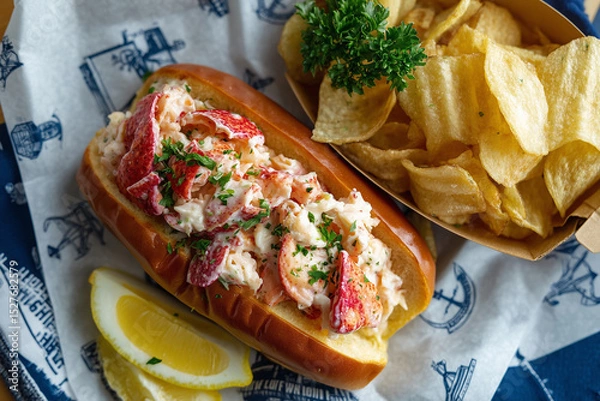 Fototapeta lobster roll with chips top view