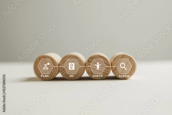 Obraz PDCA (Plan, Do, Check, Act)cycle icon on circle wooden block idea for quality management, process control, ISO standards,business improvement,business,industry,continuous improvement,roblem-solving