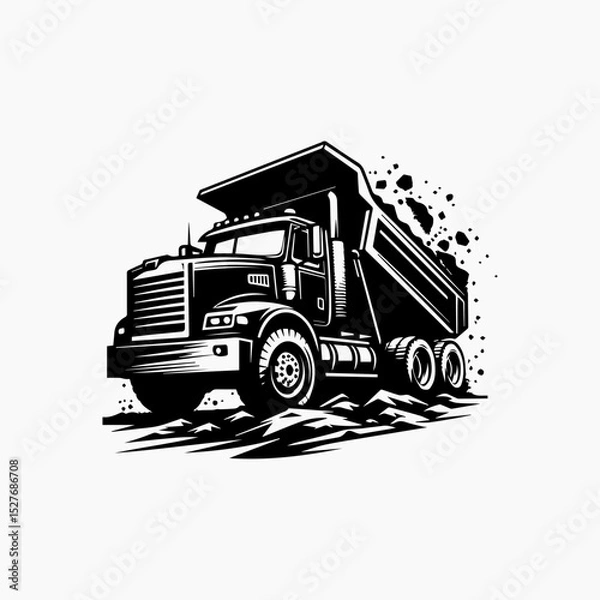 Fototapeta Heavy-duty dump truck transporting soil, rendered as a bold black and white silhouette vector logo in a dynamic, illustrative style. Construction concept