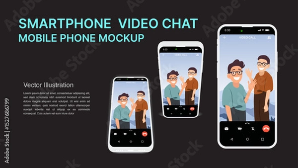 Fototapeta Smartphone Video Call Mockup – Friends Chatting Online via Mobile Phone Interface | Vector Illustration of Digital Communication and Virtual Meeting