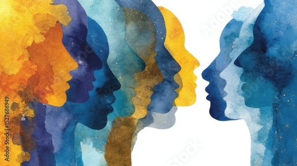 Fototapeta Colorful Silhouettes of Diverse Faces in Watercolor Style Illustration