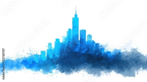 Fototapeta Modern City Skyline in Blue Watercolor Style with Cloudy Background