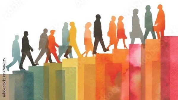 Fototapeta Diverse People Walking Up Colorful Steps, Expressing Growth and Progress