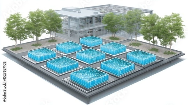 Fototapeta Modern Architectural Design Featuring Grid Layout with Sunlight Supply Zones