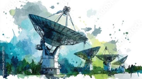 Fototapeta Satellite dishes in a lush green field, showcasing technology and nature