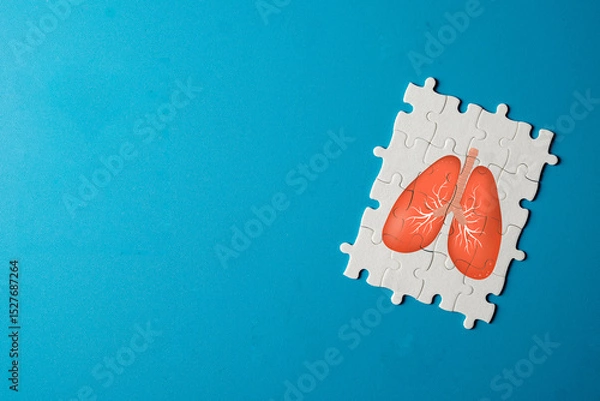 Obraz Concept for lung health awareness,Respiratory System,medical and healthcare,wellness theme,healthy breathing.,Jigsaw puzzle with a human lungs illustration on light blue background with copyspace.