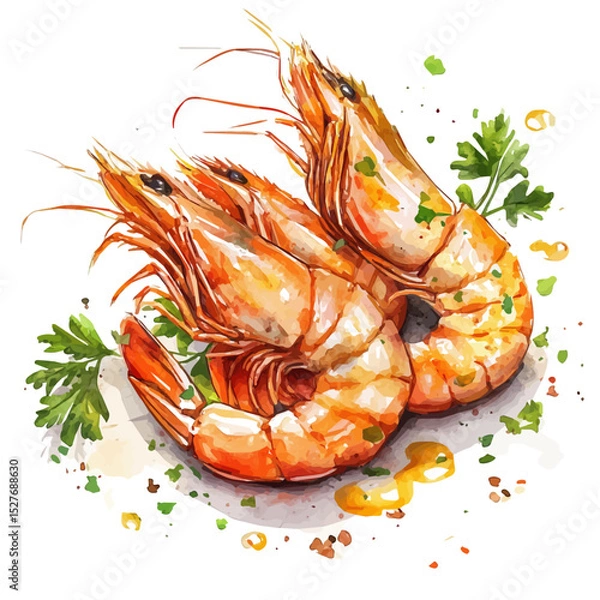 Fototapeta Garlic Shrimp, watercolor drawing vector, high quality, isolated on a white background.
