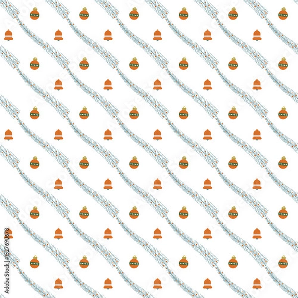 Fototapeta Seamless Holiday Pattern with Ornaments, Bells, and Festive Pine Branches