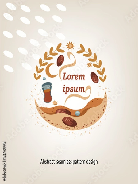 Fototapeta Minimal Seamless Pattern of Halal Food Icons with Crescent and Arabic Touch For Magazine Cover, Social Media, Merchandising.
