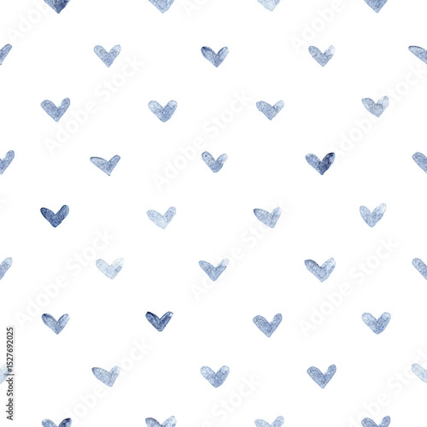 Fototapeta Playful seamless pattern with scattered blue watercolor hearts. Whimsical and light-hearted, hand-painted on white. Ideal for romantic or children’s products.