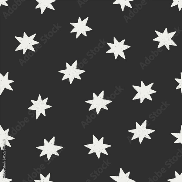 Fototapeta Star pattern, seamless background. Hand-drawn starry texture, black and white design, repeating print. Sparkles, twinkles on night sky, modern style textile, fabric, wrapping. Flat vector illustration