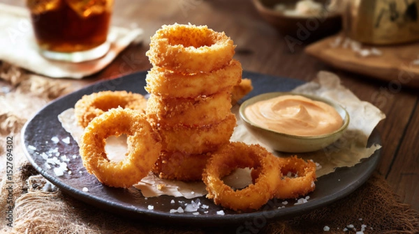 Fototapeta Crispy Fried Onion Rings with Creamy Dipping Sauce A Delicious Snack or Appetizer