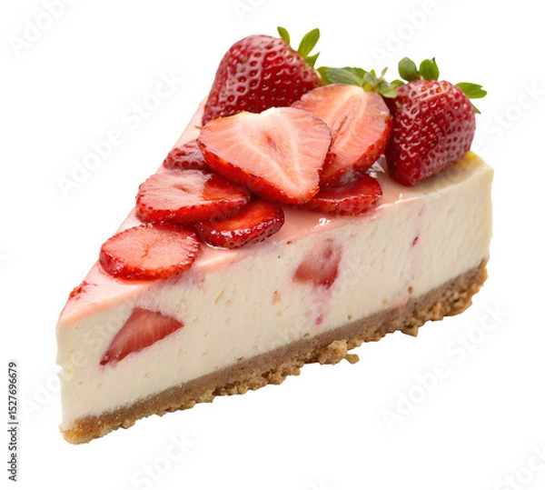Fototapeta Delicious strawberry cheesecake slice with fresh berries and creamy filling on transparency background