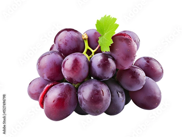 Fototapeta Fresh purple grapes with green leaf isolated on transparency background