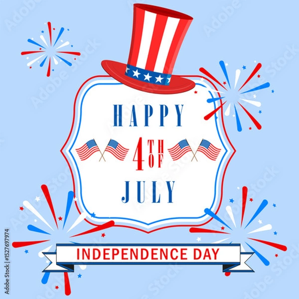 Fototapeta Happy 4th of July background with US national flag, fireworks and stars. USA Independence Day. Vector illustration.