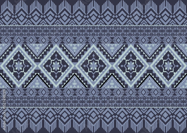 Fototapeta Grey and Blue Hmong Inspired Tribal Geometric Pattern with Diamond Motifs and Borders Seamless Design. This is for wallpaper, fabric print, textile, carpet  , decoration.