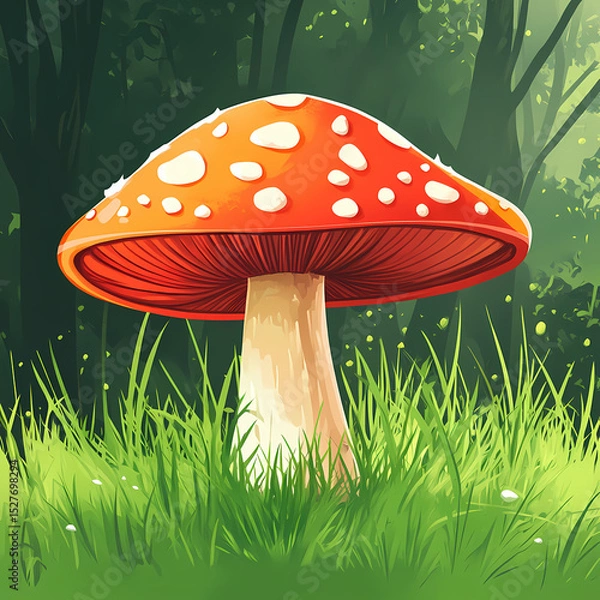 Fototapeta Colorful mushroom stands tall in a lush forest clearing at midday Generative AI
