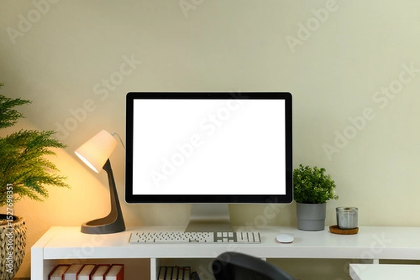 Fototapeta Home office workspace, Empty screen display computer