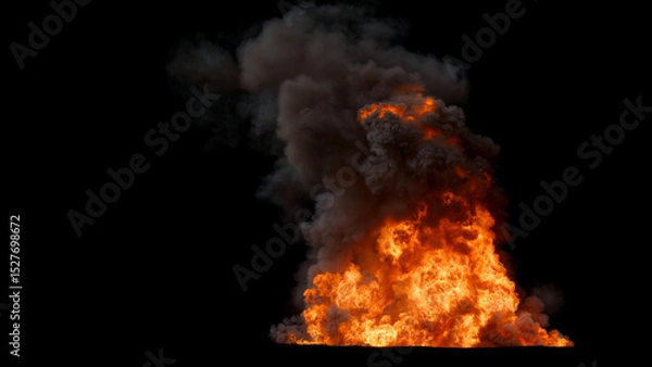 Fototapeta Large intense Fire with dark and dense Smoke rising into the air with Bright and Chaotic Flames showing Intense Burn on a Black Background
