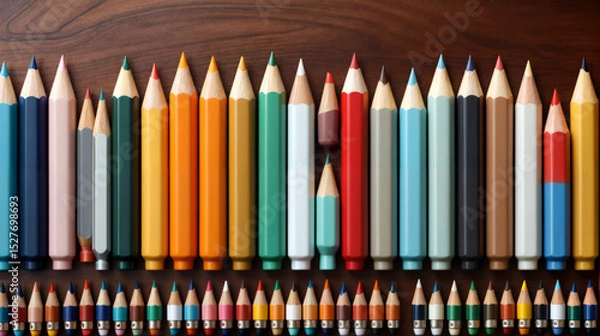 Fototapeta Collection of colored pencils neatly arranged in rows with others almost used small pencils on a wooden surface background