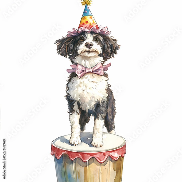 Fototapeta Dog celebrates birthday with party hat on a decorated cake stand Generative AI