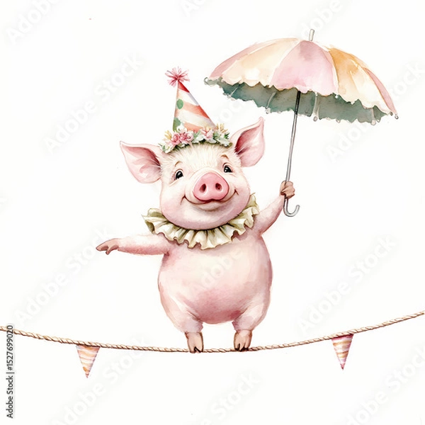 Fototapeta Pig balancing on a tightrope with an umbrella during a festive celebration Generative AI