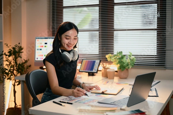 Fototapeta Graphic designer woman is sitting at a desk with a laptop and a notebook. She is wearing headphones and smiling