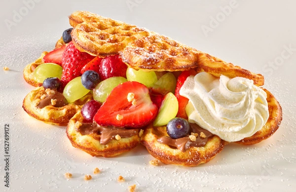 Fototapeta Waffel eingeklappt mit gemischtem Obst mit Erdbeeren Heidelbeeren Trauben Schokoladenpudding und Sahnetupfer mit Puderzucker, Crepes, 