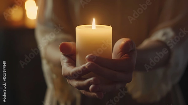 Fototapeta Holding a candle in a dimly lit room during a tranquil evening Generative AI