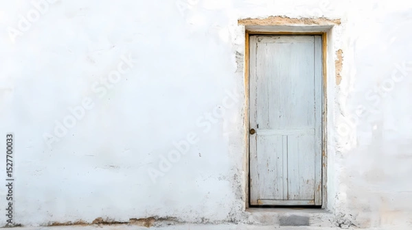 Fototapeta Old wooden door stands against a weathered white wall in daylight Generative AI