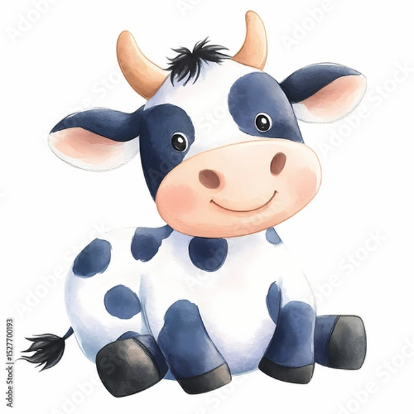 Fototapeta Cute cartoon cow sitting happily in a bright and cheerful style Generative AI