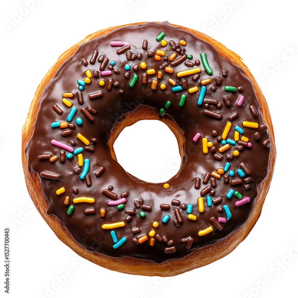 Fototapeta Gourmet chocolate donut with colorful sprinkles isolated on white background, ideal for product showcases and dessert menus