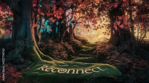 Fototapeta Enchanted forest pathway with glowing autumn leaves and moss-covered ground featuring the word Reconnect illuminated in soft light