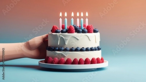 Fototapeta Hand holding a birthday cake with lit candles, decorated with raspberries and blueberries on a pastel gradient background
