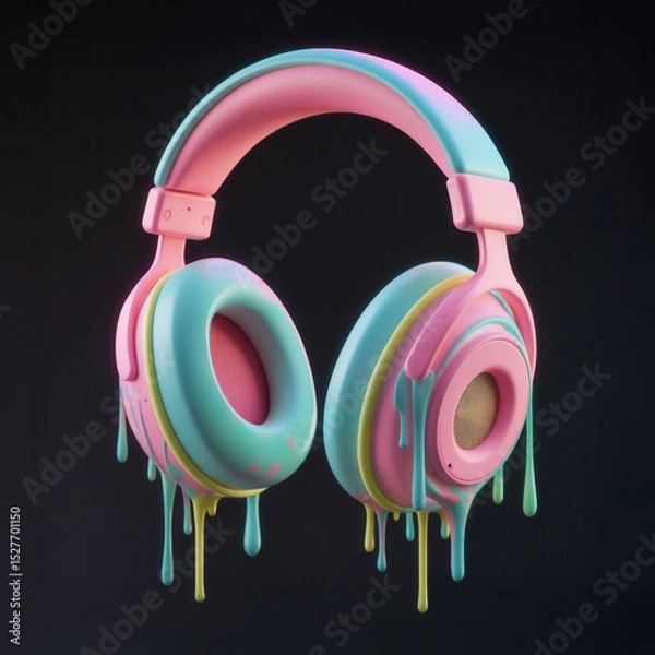 Fototapeta Vibrant pink and blue headphones with dripping paint effect on a dark background