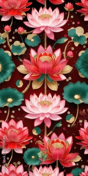 Fototapeta Seamless pattern of vibrant lotus flowers and green leaves on a deep red background