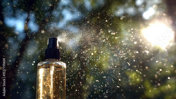 Fototapeta 木漏れ日の中でスプレーされるゴールドラメ入りミストの美しいシーン（美容・コスメ・ナチュラル）
