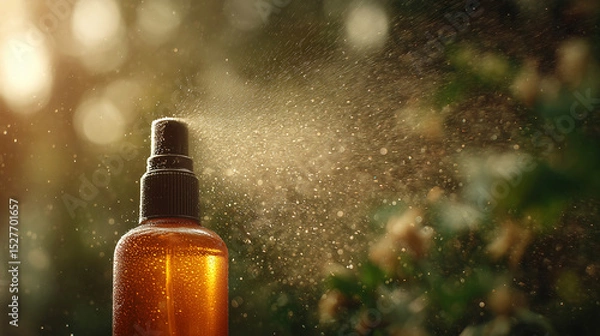 Fototapeta 夕暮れの光に包まれたスプレーボトルと広がるミストの温かみあるシーン（美容・コスメ・自然）