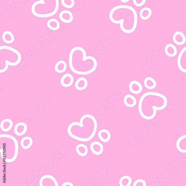 Fototapeta Seamless pattern with cute dog or cat paw. Hand drawn fun childish print. Pink and white colors. Vector line illustration
