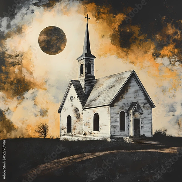 Fototapeta Church stands under an eclipse with dramatic skies at sunset Generative AI