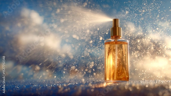 Fototapeta 爽やかな空と雲を背景に黄金色のスプレーボトルがミストを放つ夏の美容イメージ（美容・コスメ・夏）