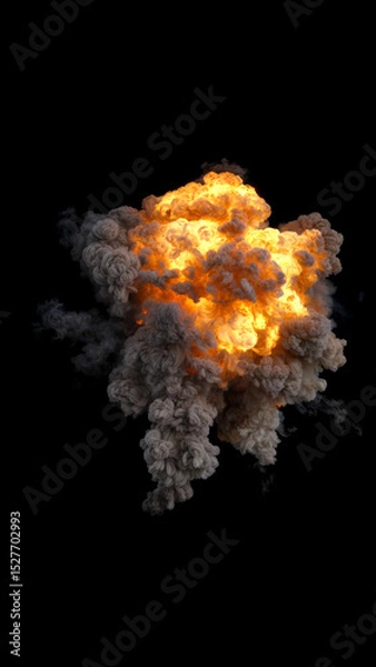 Fototapeta Dense Large Aerial Explosion cloud in varying Orange and LightGrey with Billowing and turbulent Smoke on a black background