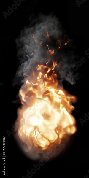 Fototapeta Low-angle view of Isolated tall and large Fire with Flames and detailed Smoke burning like a torch on a black background