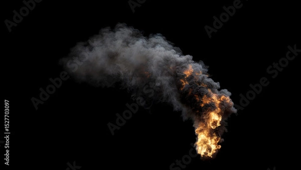 Fototapeta Isolated Fire with large high Flames and dense Smoke burning regularly with a strong side Wind on a black background
