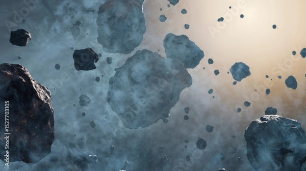 Fototapeta Lots of asteroids floating in space with a hazy smoky atmosphere and a yellow light source in the background casting a glow on the rocks