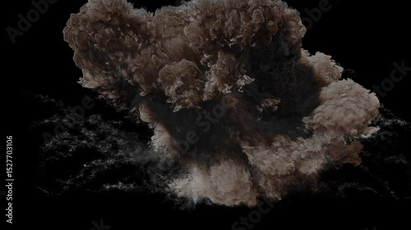 Fototapeta Isolated large and massive dark colored explosion with dense smoke and clouds spreading outwards on a black background