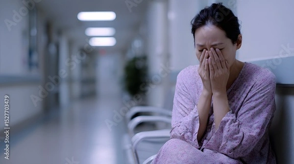 Obraz Asian woman sitting on a long plastic hospital chair along the wall, crying, Generative AI